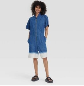 Houston White Jean Dip Dyed Bleach Flight Suit Romper Med Shorts Coveralls